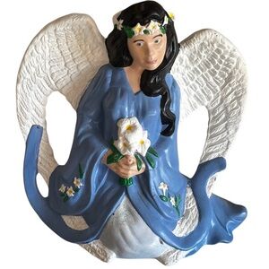 Angel #3 Vintage Blue Angel Figurine Holding Flowers | Hand Painted | Decor